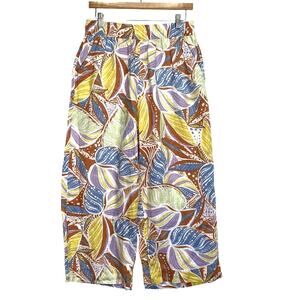 C&C CALIFORNIA Wide Leg Linen Pants Sz M Pastel Tropical Palm Leaf Resort Wear
